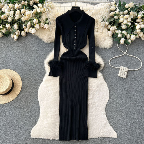 Women's autumn and winter knitted dress feather tight dress