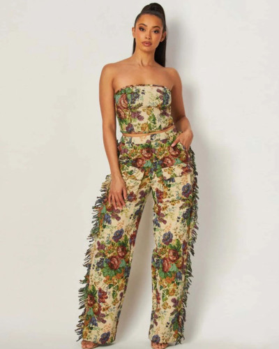 Sexy Lace-up Tassel Trousers Women's Jacquard Fashion Suit
