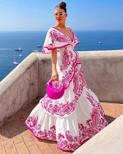 Printed deep V-neck short-sleeved holiday long dress ethnic dress