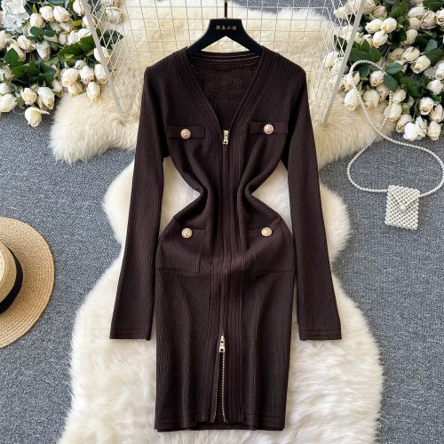 Sexy V-neck Zipper Long Sleeve Knitted Sweater Dress