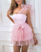 Women's solid color one-shoulder sexy birthday party mesh dress