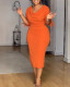 Autumn solid color pleated stretch dress with back slits