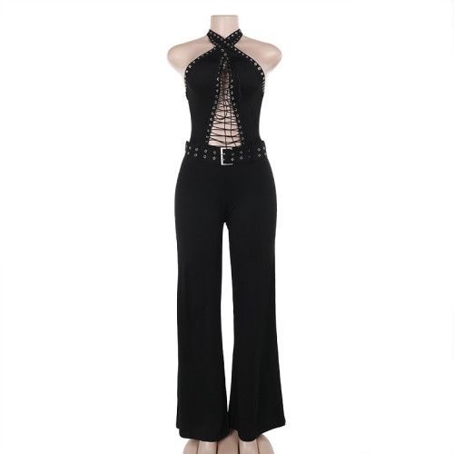 Black sexy lace-up hollow out club jumpsuit