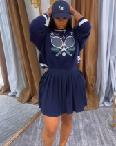 Casual sporty print jersey pleated skirt set