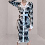Autumn and winter women's V neck houndstooth long knitted dress