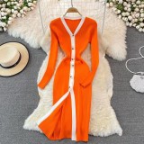 Autumn and winter women's V-neck long-sleeved slim knitted dress