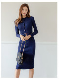 Autumn and winter women's round neck long sleeve sweater dress with belt