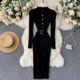 Autumn and winter women's round neck long sleeve sweater dress with belt