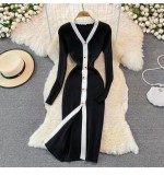 Autumn and winter women's V-neck long-sleeved slim knitted dress