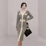Autumn and winter women's V neck houndstooth long knitted dress