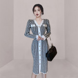 Autumn and winter women's V neck houndstooth long knitted dress