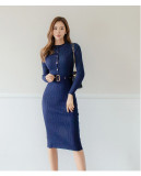Autumn and winter women's round neck long sleeve sweater dress with belt