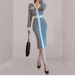 Autumn and winter women's V neck houndstooth long knitted dress