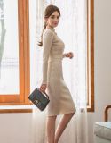 Autumn and winter women's round neck long sleeve sweater dress with belt
