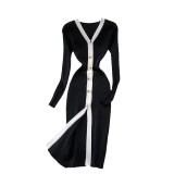 Autumn and winter women's V-neck long-sleeved slim knitted dress