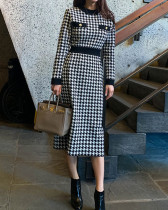 Autumn and winter women's round neck houndstooth long knitted dress