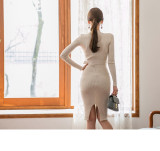 Autumn and winter women's round neck long sleeve sweater dress with belt