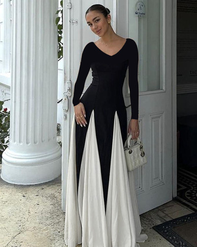 Autumn contrast color long sleeve maxi dress