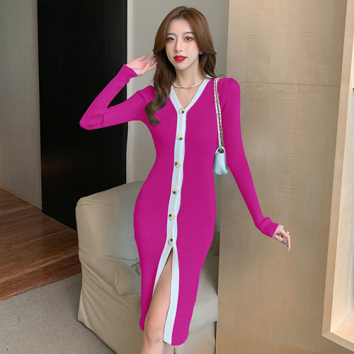 Autumn and winter women's V-neck long-sleeved slim knitted dress