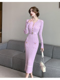 Autumn and winter women's round neck long sleeve sweater dress with belt slim fit knitted dress