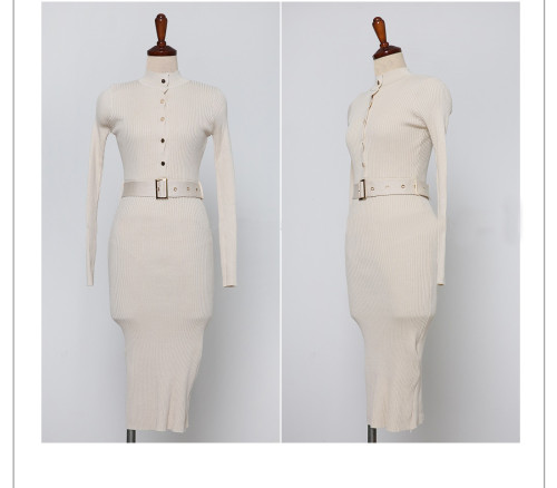 Autumn and winter women's round neck long sleeve sweater dress with belt