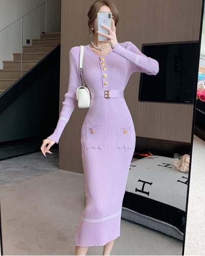 Autumn and winter women's round neck long sleeve sweater dress with belt slim fit knitted dress