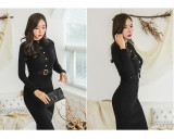 Autumn and winter women's round neck long sleeve sweater dress with belt