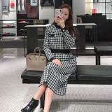 Autumn and winter women's round neck houndstooth long knitted dress