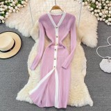 Autumn and winter women's V-neck long-sleeved slim knitted dress
