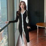 Autumn and winter women's V-neck long-sleeved slim knitted dress
