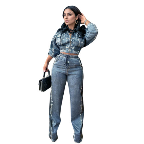 Autumn and winter casual women's retro printed coat wide-leg pants two-piece suit