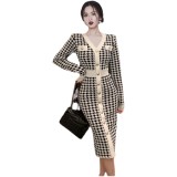 Autumn and winter women's V neck houndstooth long knitted dress