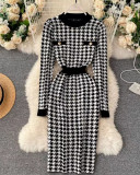 Autumn and winter women's round neck houndstooth long knitted dress