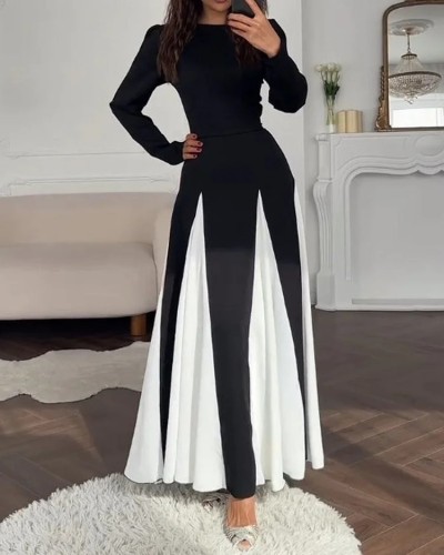 Autumn contrast color long sleeve maxi dress