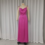 Women solid color side slit straps formal long maxi dress