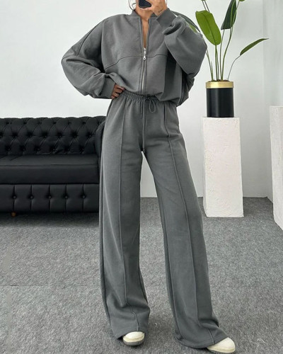 Women's grey long sleeves tracksuit two piece clothing set