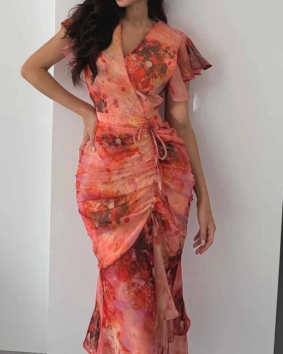 Women print v neck short sleeves pleated maxi dress