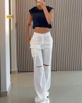 Women's white and black sleeveless crop top + pants two piece clothing set