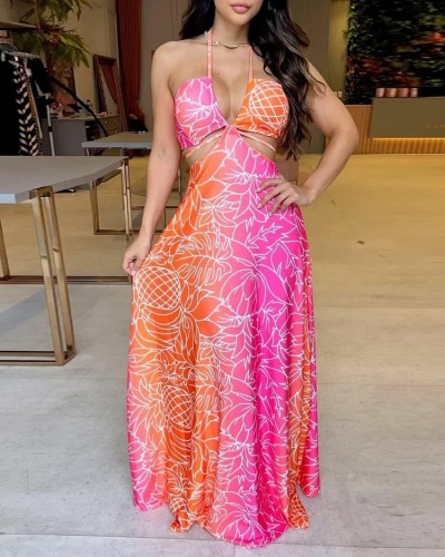 Women print hollow out halter long maxi dress