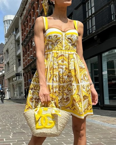 Women print yellow bohemian short straps dress