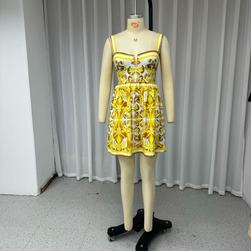 Women print yellow bohemian short straps dress