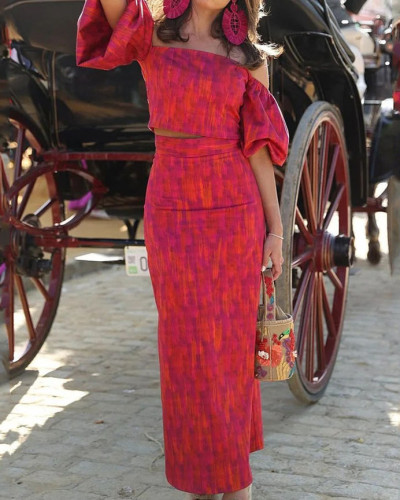 Women red print strapless top + midi skirt two piece clothing set