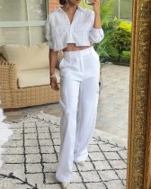 Women's fall white long sleeve crop top + pants two piece clothing set
