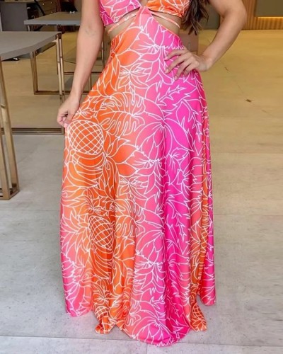 Women print hollow out halter long maxi dress