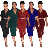 Women casual solid color crop top + slit midi skirt set
