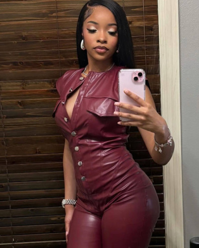 Women's solid color PU leather sleeveless party jumpsuit