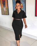 Women casual solid color crop top + slit midi skirt set