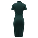 Women casual solid color crop top + slit midi skirt set