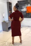 Women casual solid color crop top + slit midi skirt set