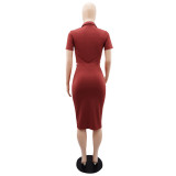 Women casual solid color crop top + slit midi skirt set